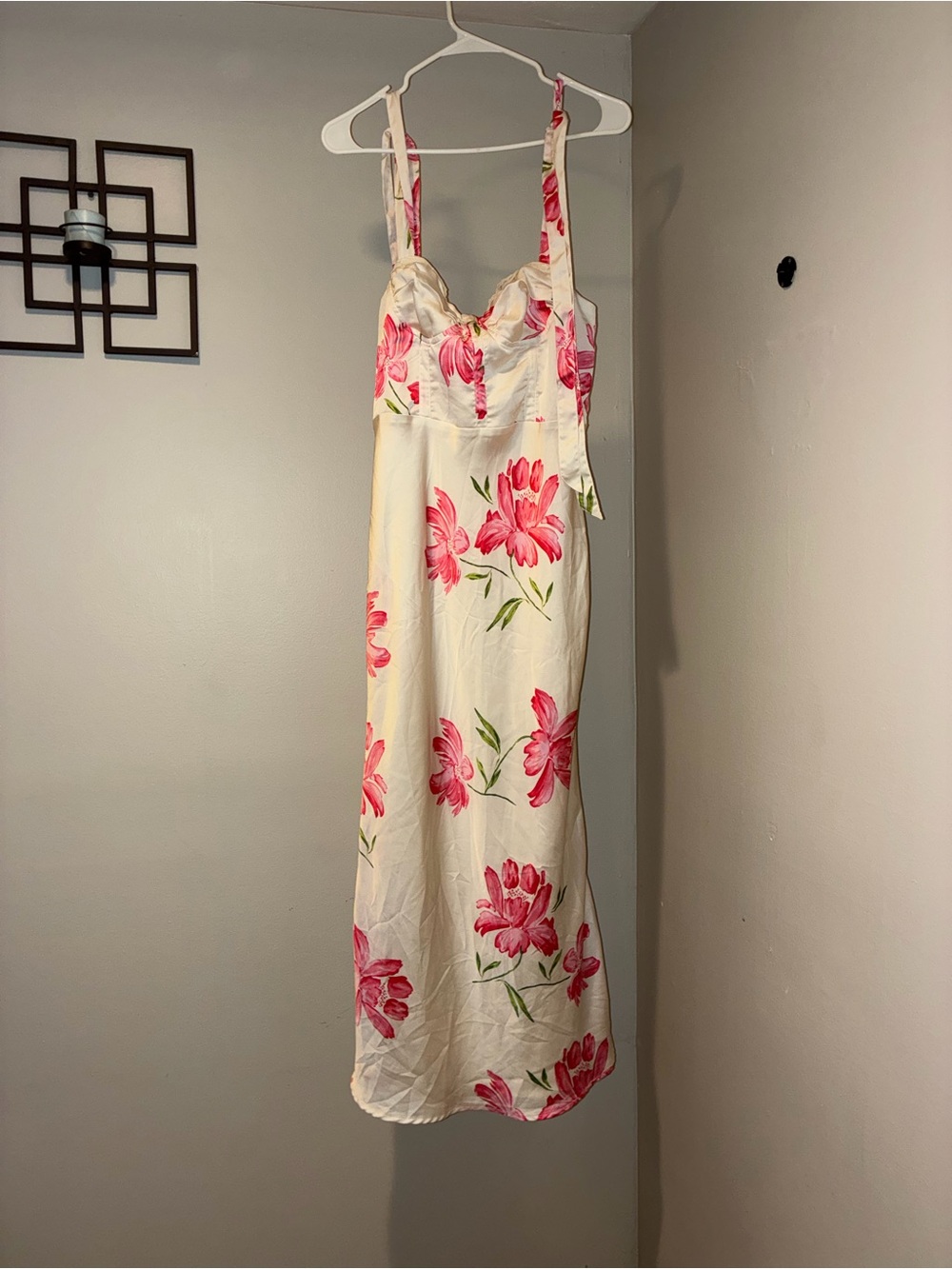 Fashion Nova Cream Satin Floral Chemise with Pink Blooms
